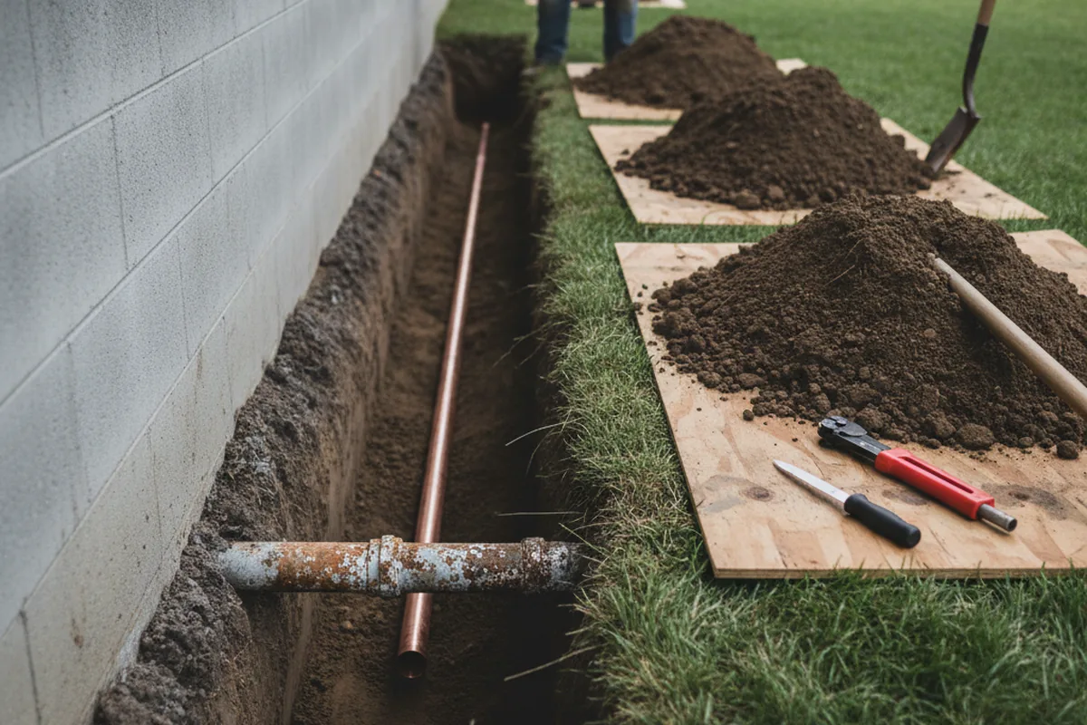 Excavated water line trench during Water Softener Installation in Zenda